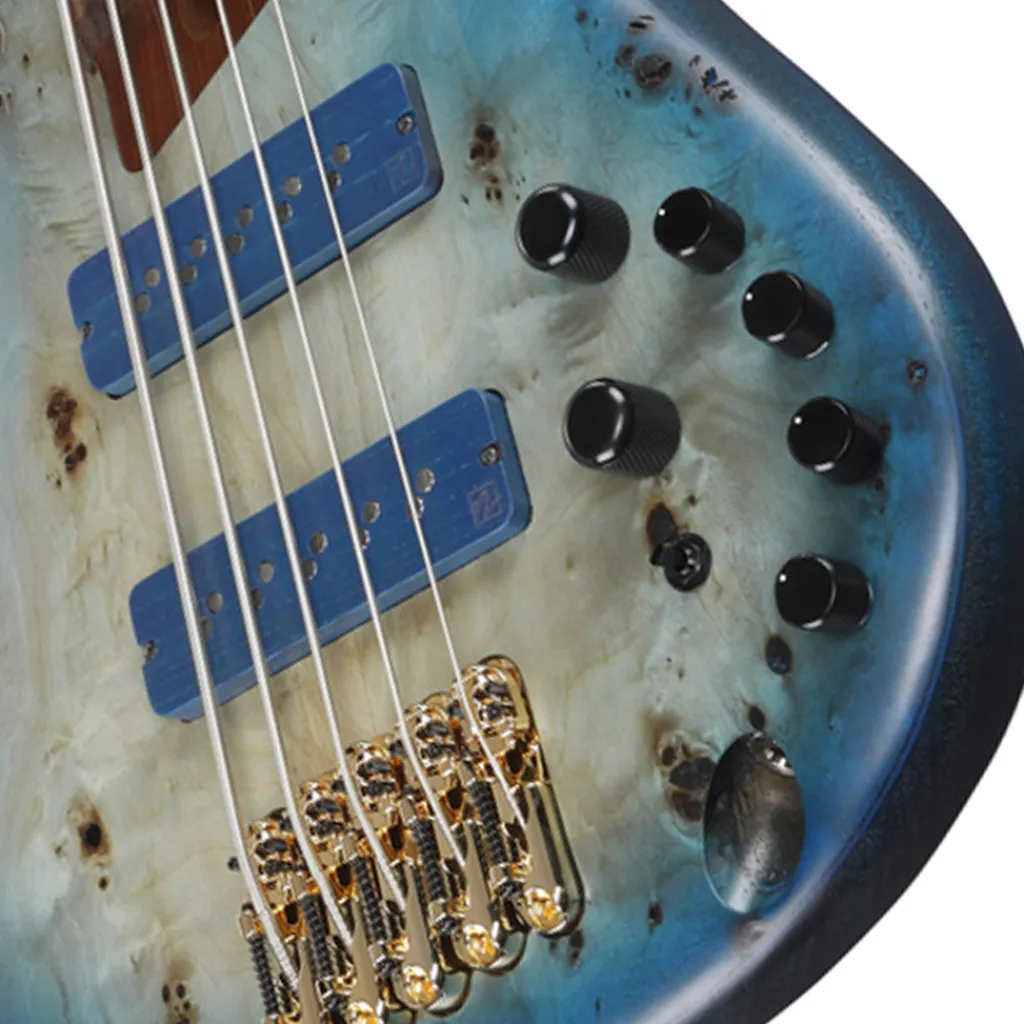 Ibanez 5 String*SR6605 5-String Bass Mappa Burl Top with Rosewood Fretboard and Case - Ghost Fleet Blue Burst